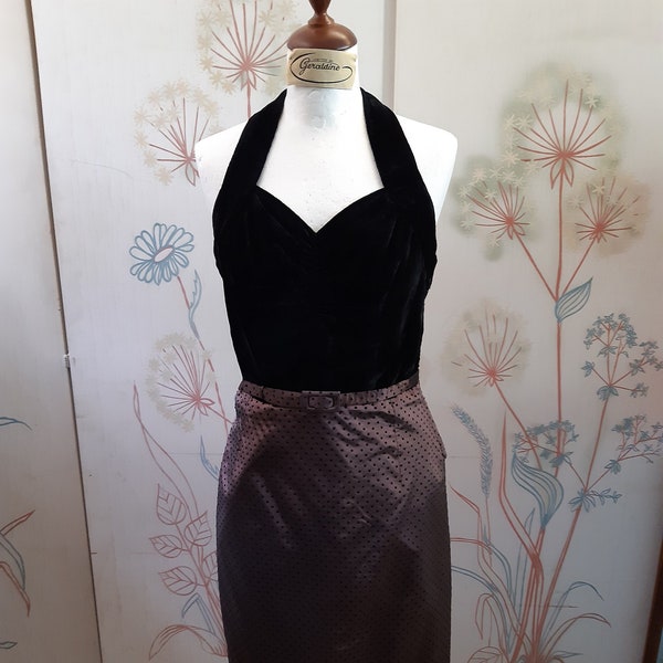 Vintage halter neck velvet taffeta dress in brown/aubergine and black dots, with matching bolero and belt, from the 50s