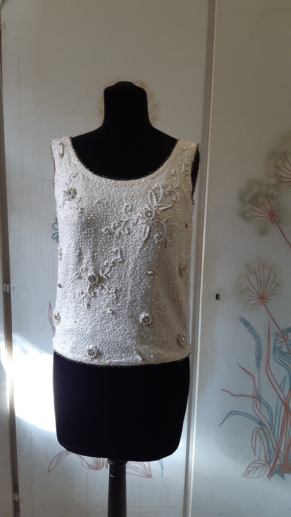 Vintage 50s Abendpulli/Bluse in Weiss Gold Bestic… - image 1