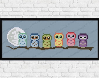 Cute Little Owls on a  branch - PDF cross stitch pattern