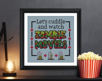 Let's cuddle and watch Zombie movies - Cross stitch PDF pattern | horror movie night embroidery funny modern