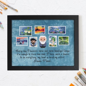 May include: A framed cross-stitch design featuring a quote by Claude Monet, "Every day I discover more and more beautiful things, it's enough to drive one mad. I have such a desire to do everything, my head is bursting with it." The design also includes several small cross-stitch images of Monet's famous water lily paintings.