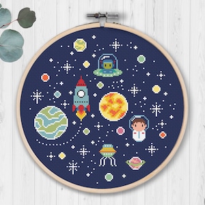 Oh, SpaceBoy! - Cross stitch PDF pattern | Instant download pattern keeper sstronaut kid colorful children boy rocket stars space