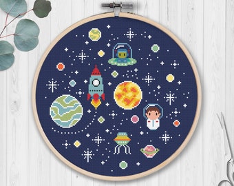Oh, SpaceBoy! - Kreuzstich PDF Stickmuster | Sofort download Schnittmuster Wächter Sstronaut Kind bunt Kinder Junge Rakete Sterne Weltraum