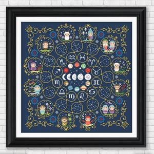 May include: A framed cross-stitch embroidery on a dark blue background featuring a circular zodiac chart. It displays twelve stylised astrological figures, constellations, and planetary symbols arranged around a central lunar phase sequence.