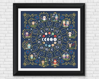 Zodiac Sampler Cross Stitch Pattern - Astrology Chart for All 12 Signs