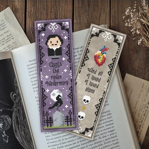 Edgar Allan Poe bookmark cross stitch pattern featuring the raven nevermore quote, an anatomical heart, skulls, and And all I loved, I loved alone. Perfect gift for Gothic literature enthusiasts, readers, and book lovers who love to stitch.