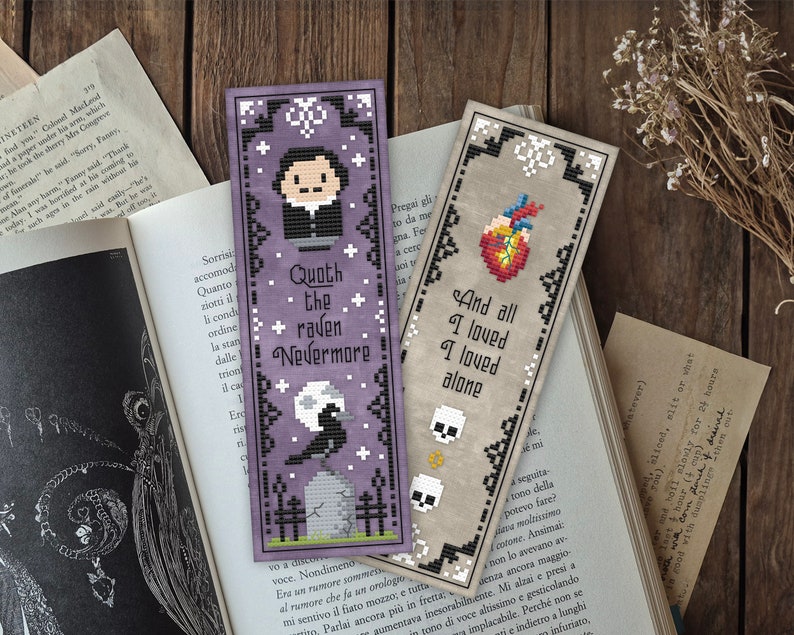 Edgar Allan Poe bookmark cross stitch pattern featuring the raven nevermore quote, an anatomical heart, skulls, and And all I loved, I loved alone. Perfect gift for Gothic literature enthusiasts, readers, and book lovers who love to stitch.