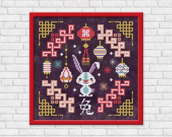 Lunar Year of the Rabbit - Chinese Zodiac - PDF cross stitch pattern embroidery needlework
