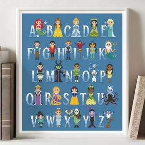 May include: A blue alphabet chart with Disney characters. Each letter is paired with a different character, such as Ariel for A, Belle for B, Cinderella for C, and so on.