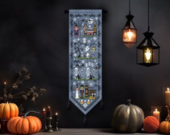 Halloween banner - cross stitch PDF pattern | instant download cute witch, zombie, dancing skeletons, haunted house, cemetery