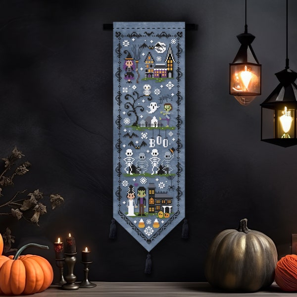 Halloween banner - cross stitch PDF pattern | instant download cute witch, zombie, dancing skeletons, haunted house, cemetery