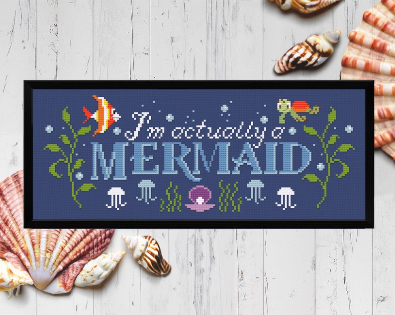 Im actually a Mermaid quote PDF cross stitch pattern Instant download under the sea ariel jellyfish modern image 1