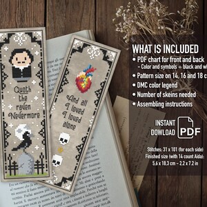 Op de afbeelding: Twee kruissteek-bladwijzerpatronen met zwart-wit illustraties van een raaf en een hart. De tekst op de bladwijzers luidt "Quoth the raven Nevermore" en "And all I loved I loved alone". De bladwijzers zijn 5,6 x 18,3 cm.