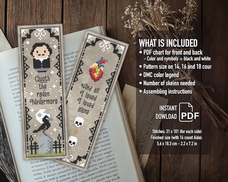 Op de afbeelding: Twee kruissteek-bladwijzerpatronen met zwart-wit illustraties van een raaf en een hart. De tekst op de bladwijzers luidt "Quoth the raven Nevermore" en "And all I loved I loved alone". De bladwijzers zijn 5,6 x 18,3 cm.