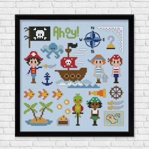 Piratas, ¡Ahoy! Niños + Niñas (2 patrones) - Patrón PDF punto de cruz / descarga instantánea niños barco mar