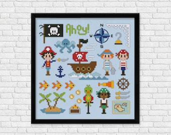 Pirates, Ahoy! Boys + Girls (2 patterns) - Cross stitch PDF pattern | instant download kids ship sea