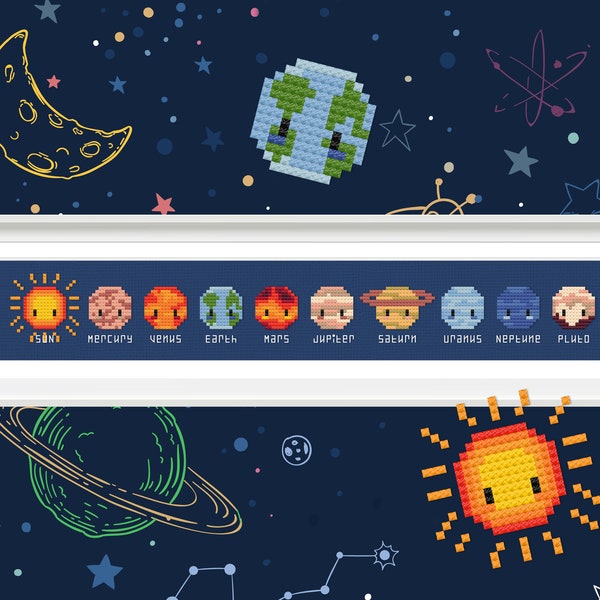 Mini Solar System - PDF cross stitch pattern | Instant download space sun pluto mars astronomy kids