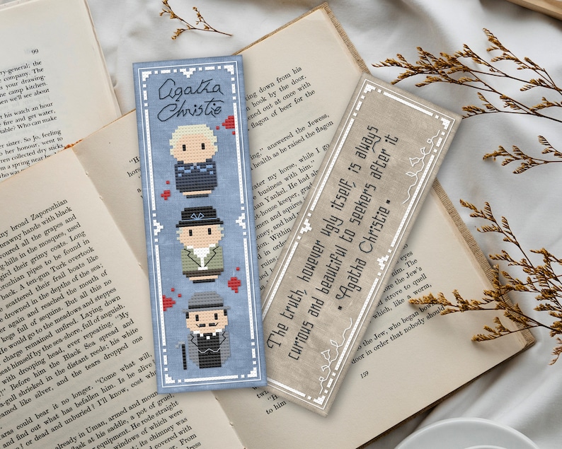 Agatha Christie bookmark cross stitch pattern. Featuring Agatha Christie, Miss Marple, Poirot, and an iconic quote, perfect gift for mystery book reader and embroidery fans. Easy downloadable pattern to stitch