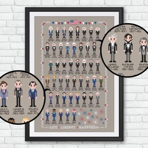 May include: Framed print featuring pixelated illustrations of U.S. presidents, each with their name and term. The artwork includes an American flag, decorative bunting, and the words "LIFE LIBERTY HAPPINESS". The print is in a black frame.