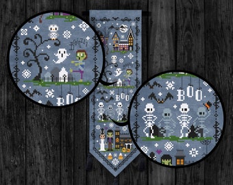 Halloween Banner Cross Stitch PDF Pattern – Witch, Zombie, Haunted House (Instant Download)