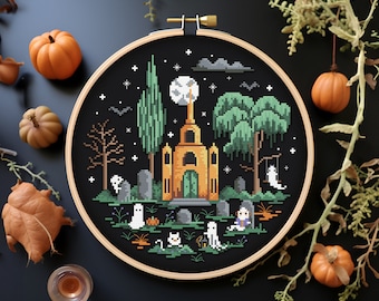 Enchanted Cemetery Night - Cross stitch PDF pattern | Instant download ghosts cute halloween