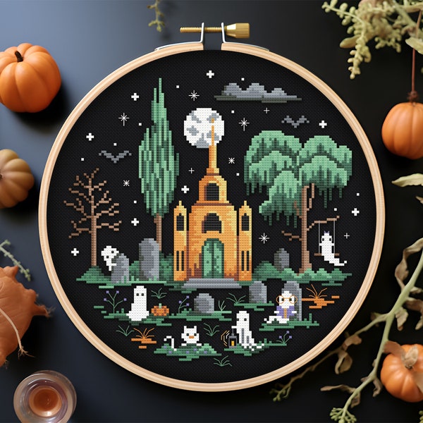 Enchanted Cemetery Night - Cross stitch PDF pattern | Instant download ghosts cute halloween
