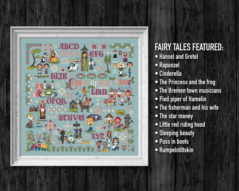 Grimm's Fairy Tales cross PDF stitch pattern Cinderella, Rapunzel, Puss in boots, Little red riding hood, Rumpelstiltskin, kids room image 4