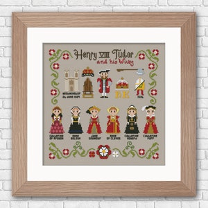 Henry VIII and his Wives - PDF cross stitch pattern | history Tudor embroidery Anna Bolena roses