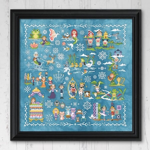 May include: A blue cross-stitch pattern with a variety of colorful characters and objects, including a frog, a mermaid, a pig, a swan, a castle, and a tree. The pattern is on a blue background with white snowflakes and other designs.