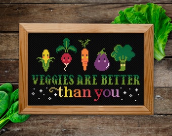 Veggies are better - PDF Cross stitch pattern | Instant download | vegetarian vegetables fruit chibi cute corn radish broccoli vegan kitchen