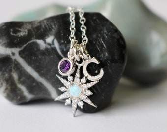 Opal necklace gift for mom, personalized jewelry, star necklace, celestial snowflake jewelry, opal jewelry, birthstone initial jewelry