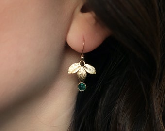 Gold floral earrings, pastel bridal earrings, three leaf drop dangles, Mother's Day gift for her, emerald earrings, birthstone earrings