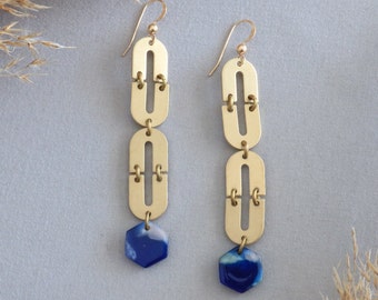 Brass and resin earrings, indigo geometric earrings, chainlink statement earrings, Mother's Day gift for mom, long dangles, steampunk