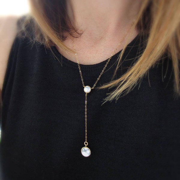 Gold lariat necklace, gold Y necklace, stone Y necklace, stone lariat, gold necklace, marble necklace, delicate necklace, gift for her