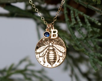 Gold bee medallion necklace, personalized bumble bee jewelry, silver insect necklace, layering necklace, custom apiarist gift for her