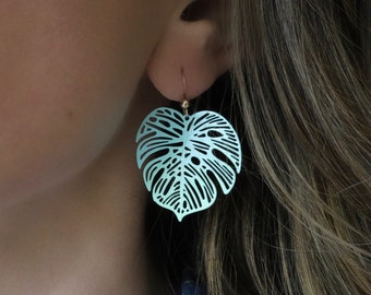 Neon monstera earrings, bright statement earrings, chartreuse leaf earrings, plant mom gift idea, neon jewelry, gift for Mother's day