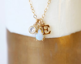 Personalized opal charm necklace, opal birthstone jewelry, tiny teardrop opal pendant jewelry, layering necklace Christmas gift idea for her