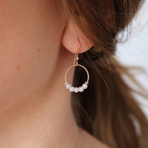 Pearl hoop earrings, rose gold hoops, pearl dangles, gift for her, Mother&#39;s Day gift for mom, pearl jewelry, rope hoops, delicate earrings