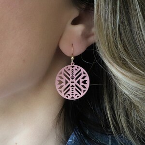 Pink tribal earrings, geometric statement earrings, pink round aztec earrings, gift for her under 25, blush jewelry, gift for Mother&#39;s day