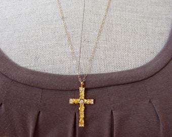 Cross necklace, 14k gold filled chain, inspirational cross pendant spiritual religious Christian Jewelry cross rhinestone baptism gift