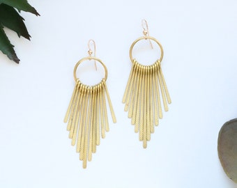 Brass fringed earrings, fringe earrings, hammered raw brass earrings, hoop earrings, tassel earrings, gold fringe earrings, gift for wife