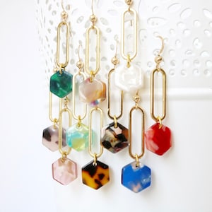 Resin earrings, tortoise shell earrings, acetate earrings, geometric earrings, simple earrings, hexagon statement earrings, gift for woman