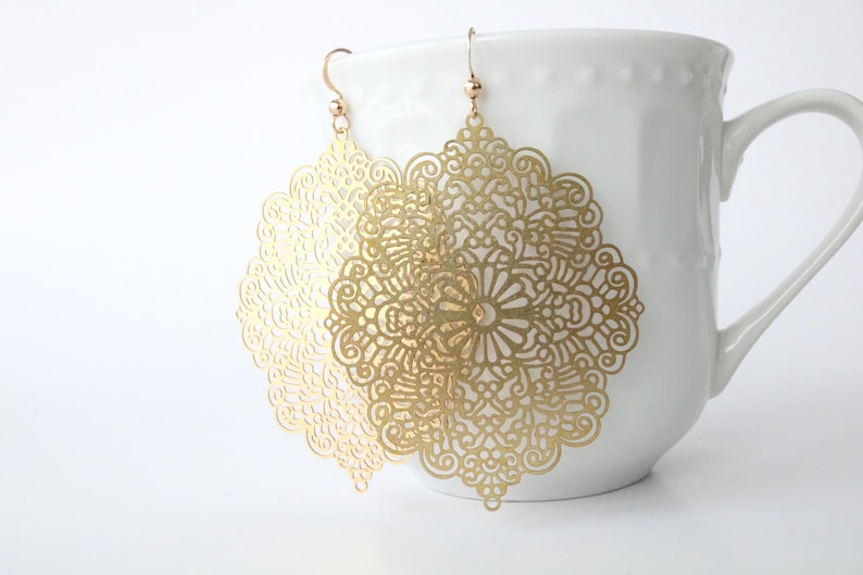 Filigree earrings, huge Persian earrings, raw brass big earrings, huge lacy filigrees, huge earrings, moroccan earrings, statement earrings image 7