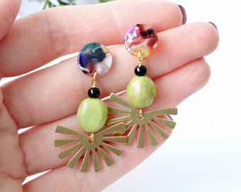 Chartreuse jewelry, maximalist earrings, chartreuse earrings, neon green 80s earrings, brass starburst earrings, resin turquoise jewelry