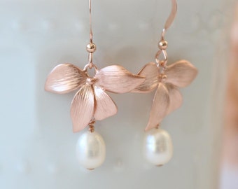 Blush earrings, bridal gold orchid earrings, pearl earrings, delicate earrings, silver wedding jewelry, formal earrings, birthstone jewelry