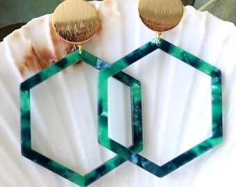 Hexagon hoop earrings, resin earrings, acrylic earrings, tortoise shell earrings, gold posts, gift for girlfriend anthropologie big earrings
