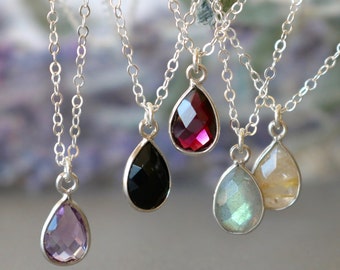 Sterling silver gemstone necklace, sterling birthstone jewelry, birthstone necklace, teardrop gem necklace, Valentine's Day gift for her