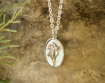Personalized Birth Flower Necklace: Sterling Silver, Mother of Pearl Pendant