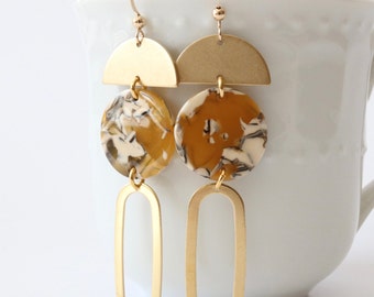 Resin earrings, acrylic statement earrings, geometric brass crescent earrings, acetate earrings, abstract earrings, U shaped earrings, asian