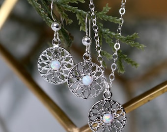 Opal necklace gift for her, jewelry set, gold necklace and earring set, silver jewelry, opal disc necklace, gifts for wife, minimal jewelry